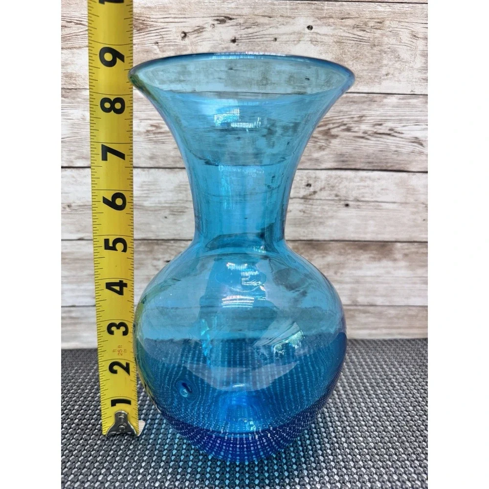 Vintage Blenko Style Blue Dimple Glass Vase Mid Century Hand Blown Pontil 8.25